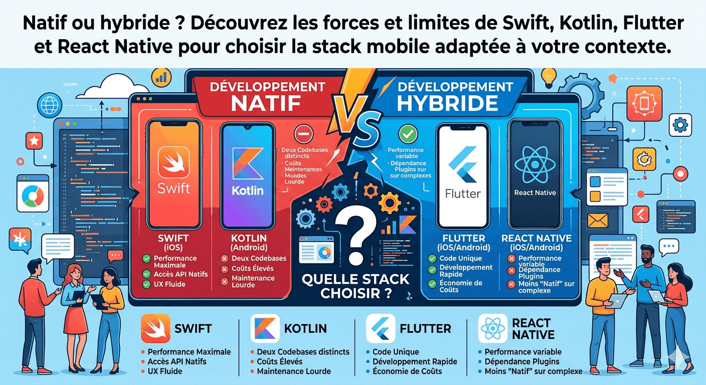 Comparaison développement mobile natif Swift Kotlin versus hybride Flutter React Native